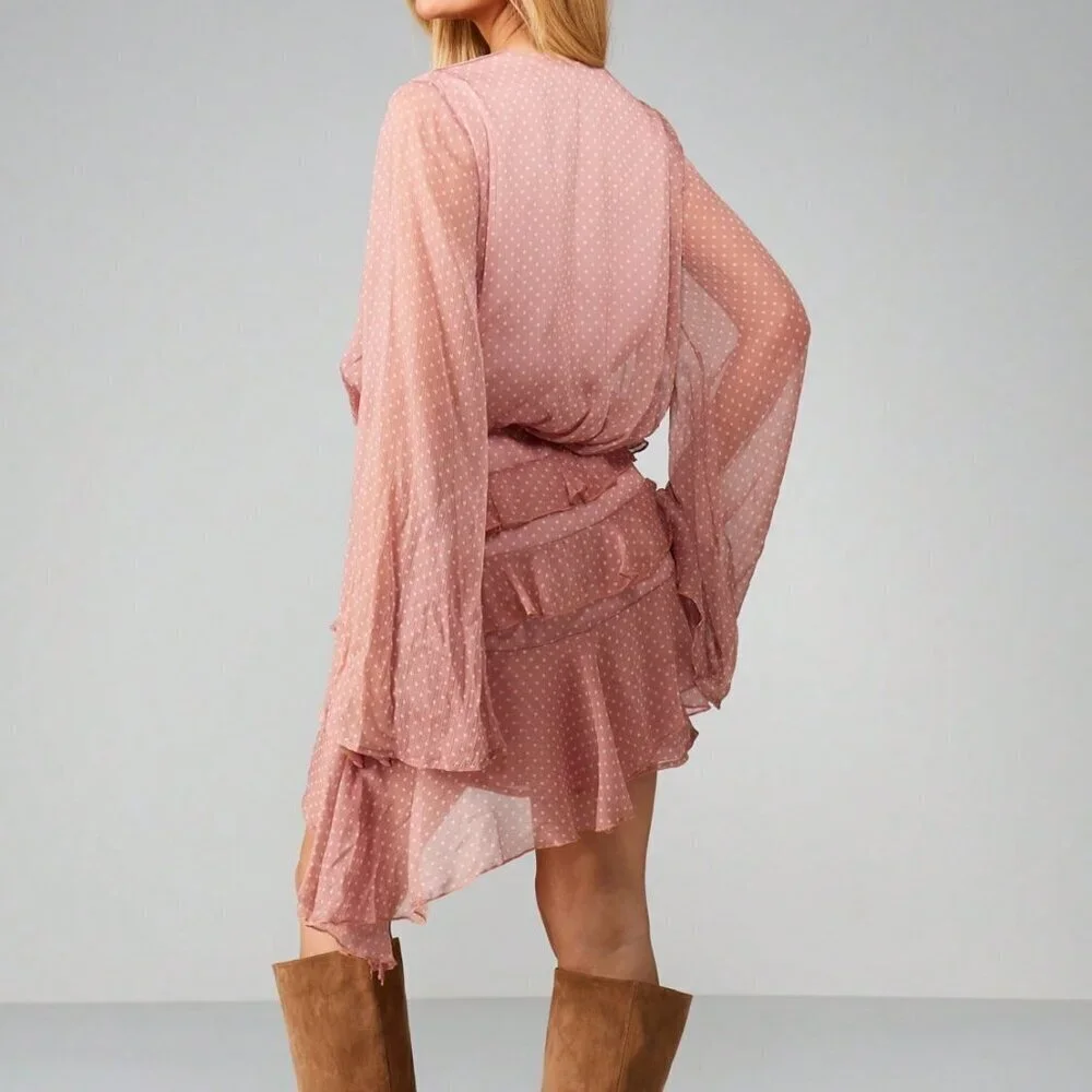 Pink Elegant Women's Polka Dot Wrap Mini Dress with Bell Sleeves and Ruffle